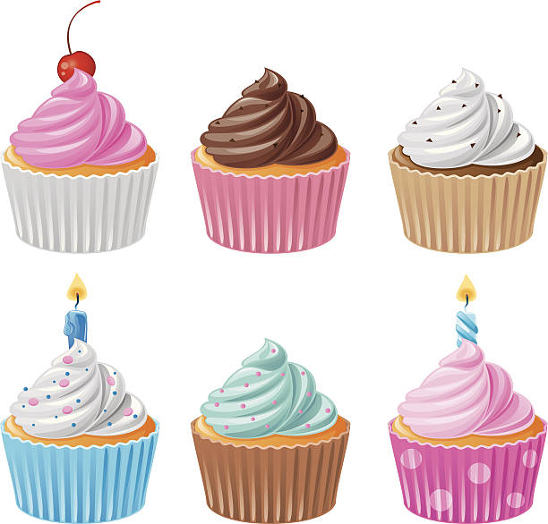 Six delicious cupcakes - Set 1 Delicious assortment of chocolate and vanilla cupcakes with white, blue, brown, pink cream and multi-colored sprinkles on top, also birthday cupcakes with burning candles. EPS 8.0, Ai CS, PDF and JPEG (5000 x 4790) are included in package. cupcake stock illustrations