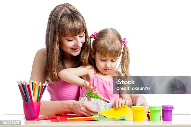 Mother Teaches Preschooler Kid To Do Craft Items Diy Concept Stock Photo - Download Image Now