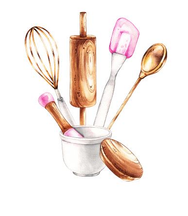 Watercolor composition of baking tools isolated on a white. Pink pastry chef tools for design postcard, packaging, label, package, restaurant