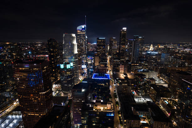 istock Aerial View Along Flower St in Downtown LA at Night 1630332481