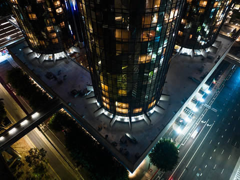 Drone shot of Downtown Los Angeles lit up at night