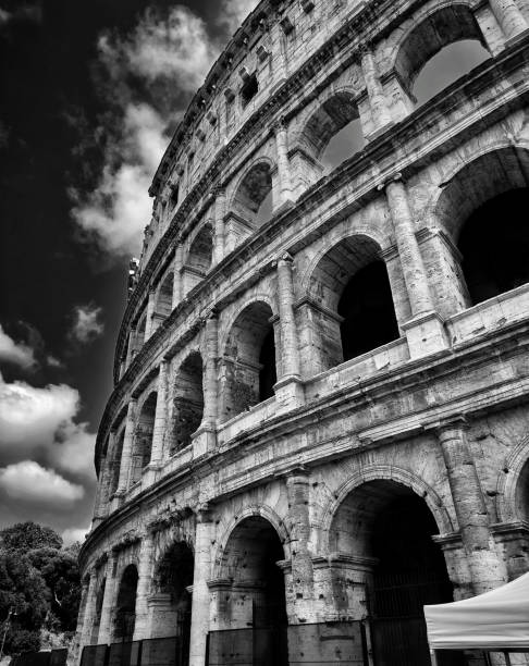 Rome's Coliseum - exterior, black and white stock photo
