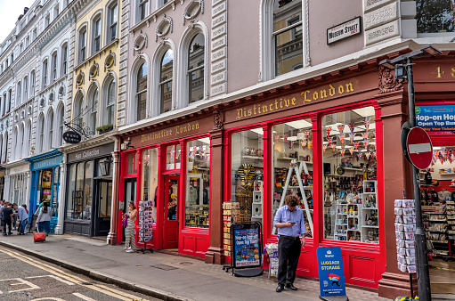 London, England - July 11, 2023: A souvenir shop along Museum Street in London