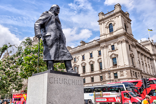 London, England - July 11, 2023: Statue of Winston Churchill  in London