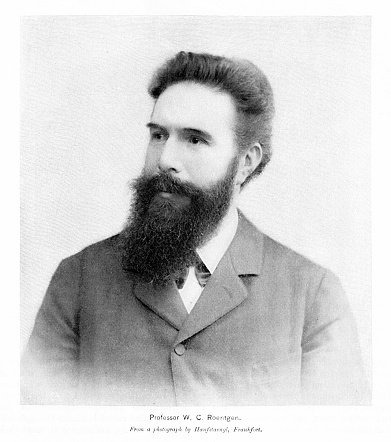 Portrait Wilhelm Conrad Röntgen (March 27 1845 – February 10, 1923),  a German mechanical engineer and physicist awarded  Nobel Prize in Physics for developing X-rays. Photo engraving published 1896. The original edition is in my archives. Copyright has expired and is in Public Domain.
