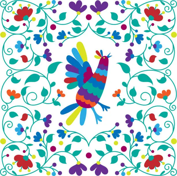 Vector illustration of Mexican otomi embrodery seamless pattern. Colorful Mexican Traditional Textile Embroidery Style. Folk otomi style graphic, wallpaper. Festive mexican floral motif.