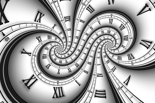 Abstract modern white spiral clock dial with roman and arabic numerals. Concept of Infinite time, deadline, scheduling, time and space, past, present and future.