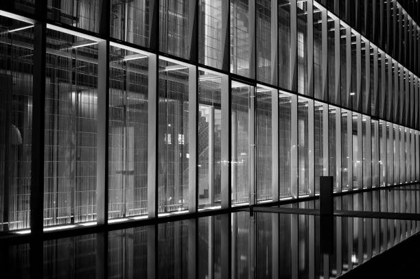 istock Black and white high rise building with reflection off water 1630450144