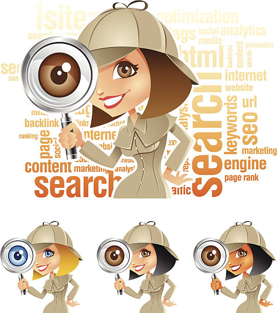 Detective ragazza con la lente d'ingrandimento facendo parola chiave di ricerca Internet - illustrazione arte vettoriale
