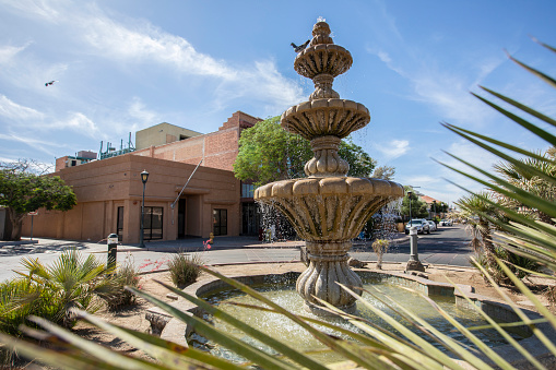 Yuma, Arizona, USA - May 27, 2022: Afternoon sun shines on the historic fountain of Downtown Yuma.