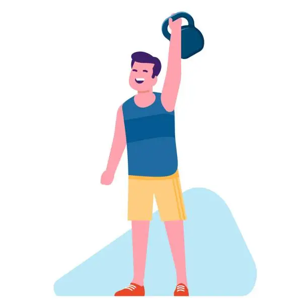 Vector illustration of Male weightlifter lifting heavy weights. Gym bodybuilding workout. Sport training. Sportsman with kettlebell. Strong man doing athletic exercises. Happy bodybuilder. Vector concept