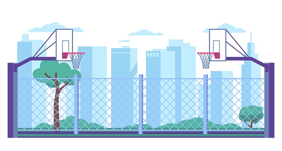 Open city basketball court against backdrop of green trees and skyscrapers. Empty street playground. Public outdoor sport ground. Streetball baskets and grid fence. Urban landscape. Vector concept