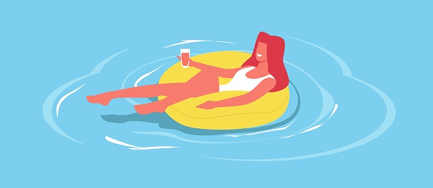 Relaxed young woman with cocktail in hand floats in pool on rubber inflatable lap. Summer vibes. Leisure time on vacations. Happy girl in water swimming, cartoon flat style isolated vector concept