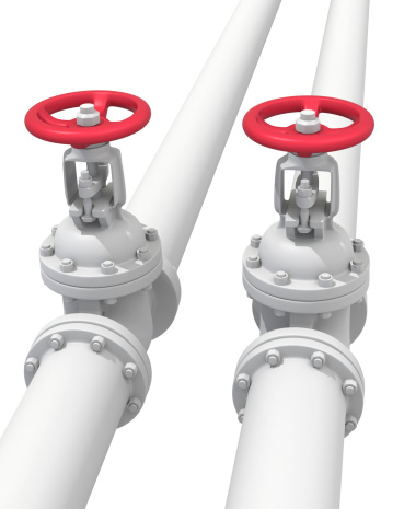 Pipeline with red valve - rendered image on white background.