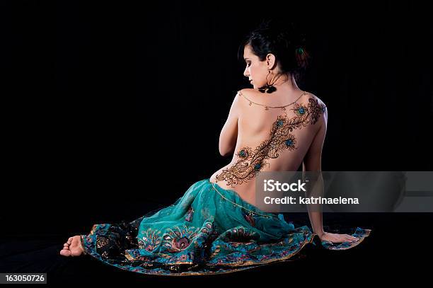 Peacock Feather Henna Design On A Womans Back Stock Photo - Download Image Now - Back, Tattoo, Rear View