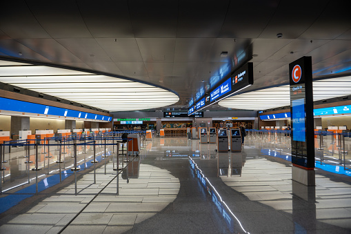 Buenos Aires, Argentina : 2023 June 2 : Main passenger hall in Terminal A of the Ezeiza International Airport (Ministro Pistarini) in the capital of Argentina in 2023.