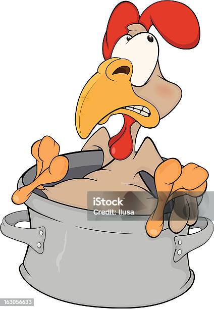 Cockerel And A Pan Stock Illustration - Download Image Now - Cartoon, Chicken Soup, Animal