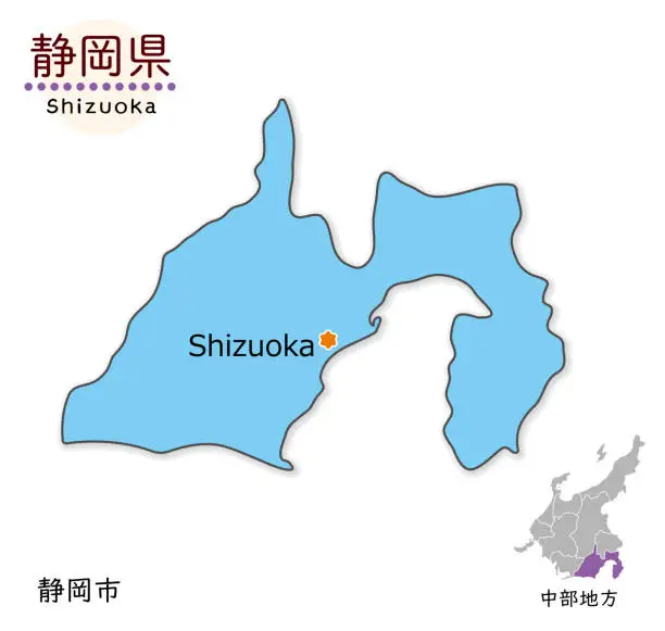 Vector illustration of Shizuoka prefecture and prefectural capital, simple and cute map