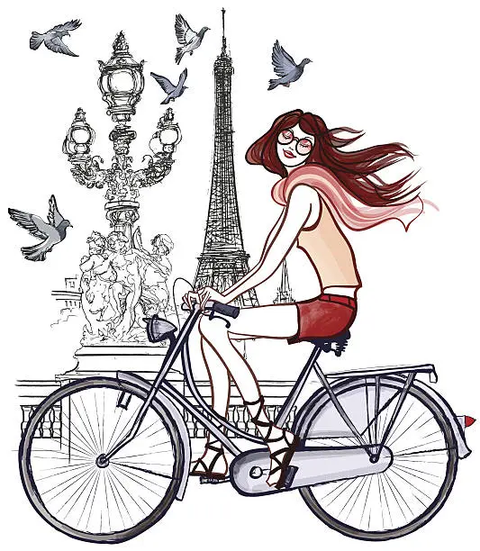 Vector illustration of woman on Alexander III bridge in Paris