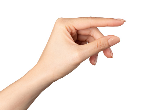 Clipping path, woman hand touching or pointing on isolated white background.