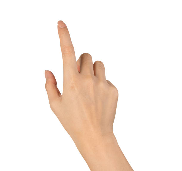 istock Clipping path, woman hand touching or pointing on isolated white background. 1630590016