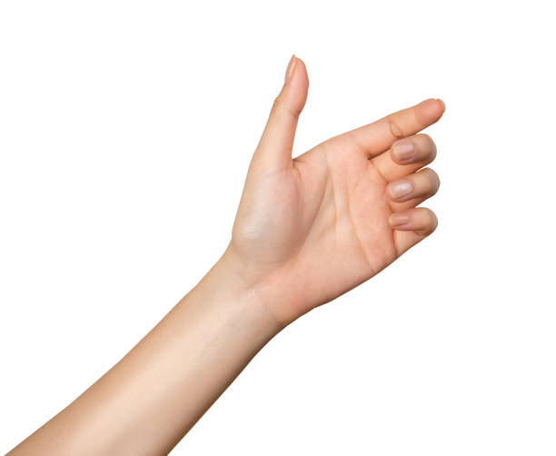 istock Clipping path, woman hand touching or pointing on isolated white background. 1630590059