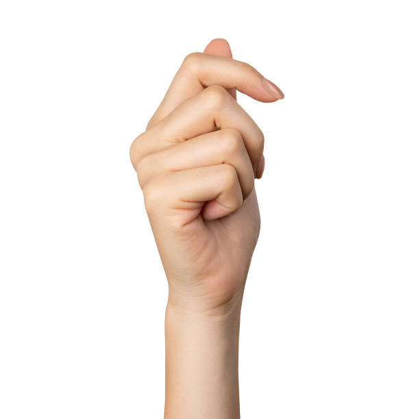istock Clipping path, woman hand touching or pointing on isolated white background. 1630590597