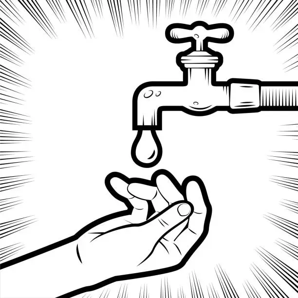 Vector illustration of A human hand catches a drop of water from the tap, The concept of Thirsty Earth, Capturing Hope in a Drop, A Handful of Life, Confronting Drought, A droplet of Survival