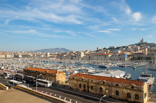 Marseille, France - October 27, 2019 : Panoramic View Of Old Port (Vieux Port) Of Marseille With Boats, Yachts And Row Of Old Buildings.