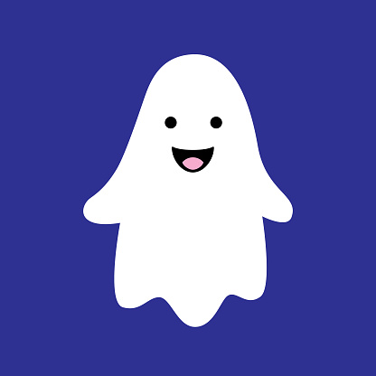 Vector illustration of a cute little ghost on a dark blue background.