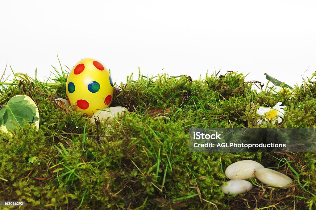 Coloridos huevos de Pascua en moss amarillo - Foto de stock de Aire libre libre de derechos
