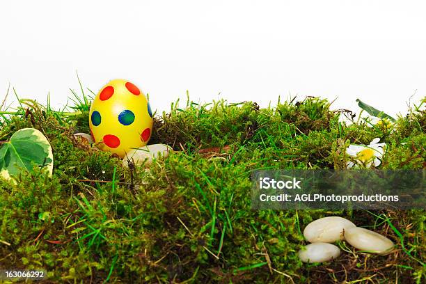 Colorato Giallo Uovo Di Pasqua Su Moss - Fotografie stock e altre immagini di Ambientazione esterna - Ambientazione esterna, Chiazzato, Colore verde
