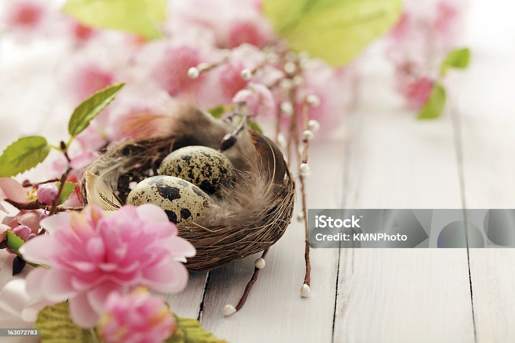 easter decoration spring decoration with easter eggs and flowers Animal Nest Stock Photo