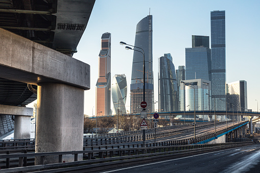 Modern business quarter Moscow-city, view from an empty highway in the morning