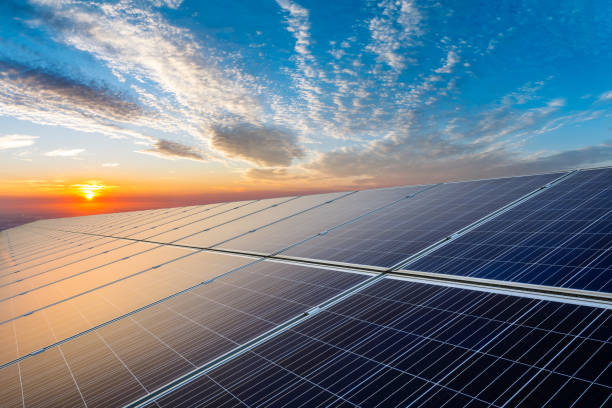 istock Solar panels and beautiful sky sunset clouds 1630735220