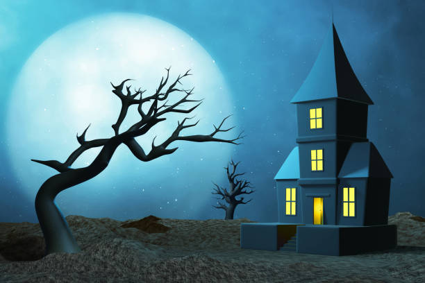 istock Haunted house with full moon on 3d illustration 1630736008