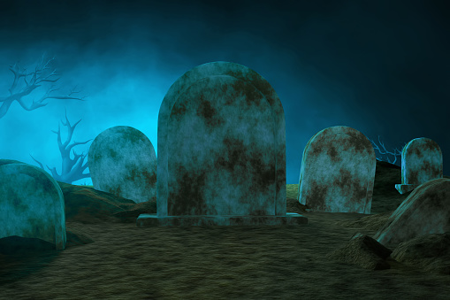 Cartoon grave stone in graveyard at night 3d illustration