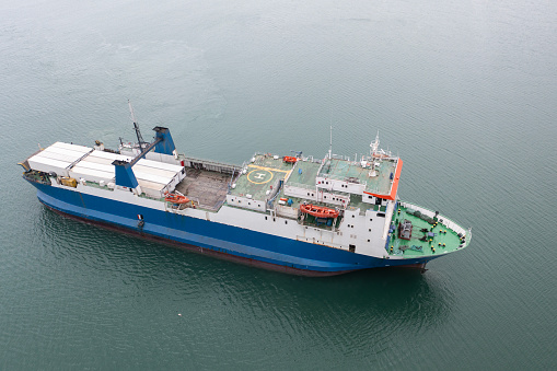 Aerial view of Ro-Ro ship in transit. Ro Ro ship entering port.