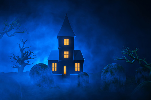 Cartoon haunted house in graveyard on 3d illustration