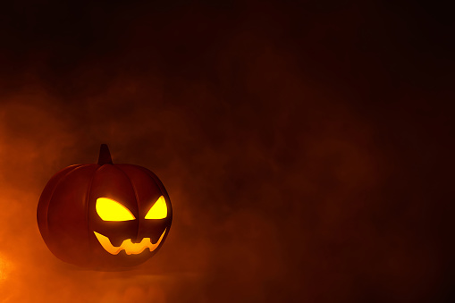 Smile pumpkin with burning face on red smoke background 3d illustration