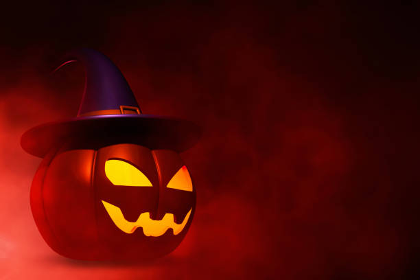 Cartoon smile pumpkin with witch hat on 3d illustration