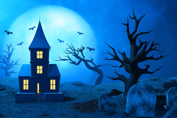 istock Haunted house in graveyard with flying bat on 3d illustration 1630736550