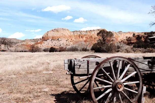 Image of vintage wagon against the red rocks in the background