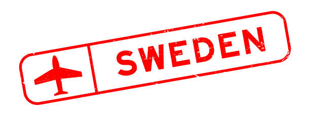 흰색 바탕에 비행기 아이콘 사각형 고무 인감 스탬프가 있는 그런지 빨간색 스웨덴 단어 - passport sweden customs europe stock illustrations