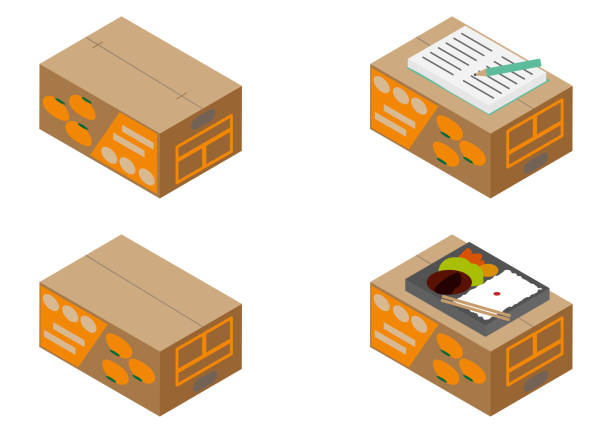 różne zestawy ilustracyjne pudełek kartonowych dla pomarańczy izometrycznych - gimnastyka izometryczna obrazy stock illustrations