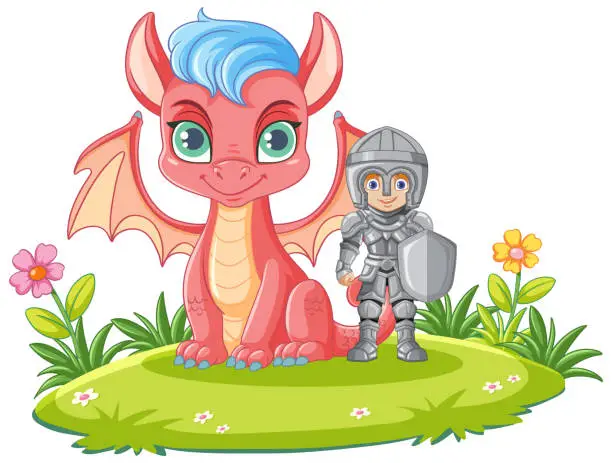Vector illustration of Cartoon knight boy with dragon