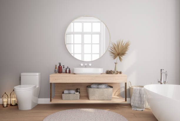 istock Minimal style modern contemporary gray wall bathroom 3d render illustration 1630801806
