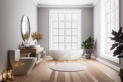 Modern classical style gray wall bathroom 3d render illustration There are wooden floor and sink counter ,golden round mirror decorated with candle