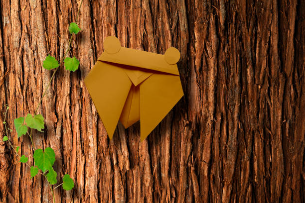 Close-up of Origami Cicada on tree bark with copy space.