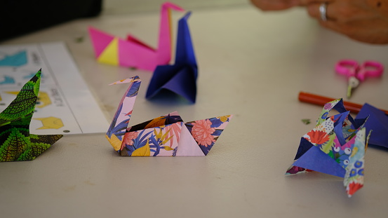 Japanese Swan paper origami with colorfull paper pattern.